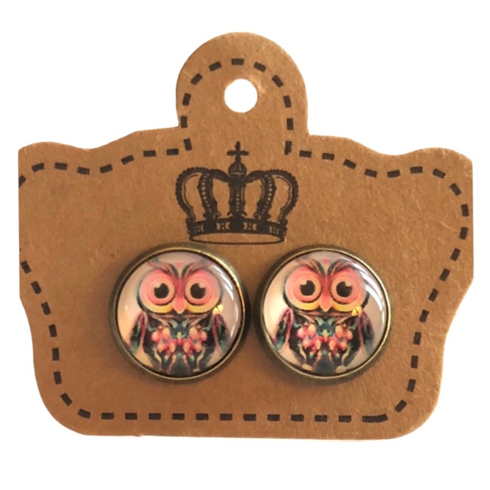 Vintage Owl Boho Glass Cabochon Stud Earrings!